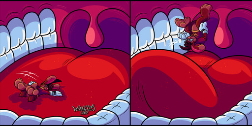 3_toes 4_fingers anthro big_feet big_tongue big_uvula cartoon_gloves clothing curled_tongue duo eyewear feet fingers glasses in_mouth lying male male/male mawplay on_front pawpads paws shirt soles thick_tongue toes tongue toony topwear uvula vore wearing_glasses whiskers wide_tongue marquis2007 herman_(marquis2007) roderick_(tamerkoh) imp lagomorph leporid mammal rabbit absurd_res hi_res