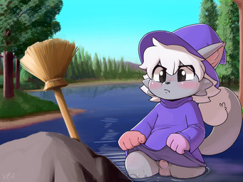 4_fingers animal_genitalia anthro balls black_eyes black_nose blue_sky blush bottomless bottomless_anthro bottomless_male broom cheek_tuft cleaning_tool clothed clothing clothing_lift curled_tail day detailed_background dipstick_tail embarrassed facial_tuft fingers fur furgonomic_hat furgonomic_headwear furgonomics genitals grey_body grey_fur hair hat headgear headwear lake landscape male male_anthro markings outside partially_submerged pink_hands plant pouting rock sheath sky solo tail tail_markings text tree tuft wet white_hair wizard_hat wizard_robe young young_anthro young_male ajin flaire_(adflareon) mammal 2025 4:3 artist_name dated digital_drawing_(artwork) digital_media_(artwork) hi_res shaded