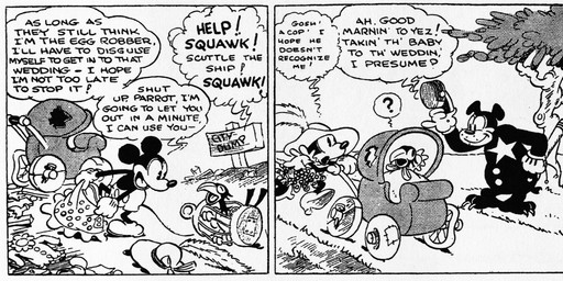 anthro blush bottomwear clothed clothing crossdressing crossdressing_male dialogue dress footwear gloves group handwear hat headgear headwear high_heels male open_mouth outside plant police question_mark shoes speech_bubble standing tail teeth text tree trio walking earl_duvall floyd_gottfredson disney public_domain mickey_mouse avian bird canid canine canis domestic_dog mammal mouse murid murine parrot rodent 1930 20th_century absurd_res ancient_art black_and_white comic dated english_text hi_res long_image monochrome wide_image