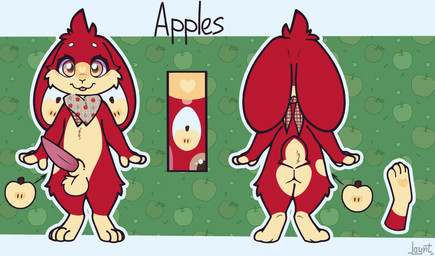animal_genitalia animal_penis anthro apple_symbol balls bandanna_scarf biped black_nose digitigrade erection fur genitals hair heart_symbol looking_at_viewer male male_anthro multicolored_body penis red_body red_hair sheath simple_background solo tail white_body yellow_body yellow_eyes yellow_fur jaynt apples_(orio) lagomorph leporid mammal rabbit absurd_res hi_res model_sheet