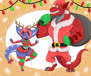 accessory anthro antlers armwear blue_body blush blush_stickers bottomwear bow_ribbon christmas_clothing christmas_headwear clothing duo eyelashes female freckled_ears freckled_hips freckled_shoulders freckled_tail freckles furgonomics gloves hair handwear hat headgear headwear holidays horn huge_hips huge_thighs long_eyelashes male orange_eyes purple_eyes red_body red_hair ribbons santa_hat scales skirt small_waist tail tail_accessory tail_bow tail_ribbon thick_thighs wide_hips tibbs christmas mythology baku_(tibbs) star_(tibbs) dragon kobold mythological_creature mythological_scalie scalie