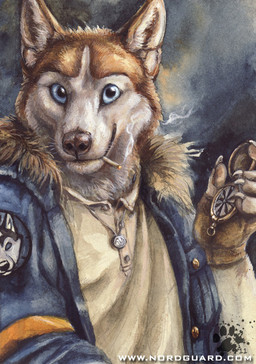 5_fingers anthro black_nose blue_eyes brown_body brown_fur cigarette claws clothed clothing compass fingerless_gloves fingers footprint fur fur_trim_(clothing) gloves handwear holding_object jacket jewelry looking_at_viewer male necklace pawprint shirt smile smoke smoking solo topwear whiskers white_body white_fur blotch nordguard nickel_(nordguard) canid canine canis domestic_dog husky mammal nordic_sled_dog spitz 2011 detailed