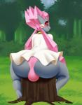 2020 absurd_res anthro anthrofied balls big_balls big_butt blush bulge butt citrine_(purplebird) clothed clothing crystal diamond_(gem) diancie digital_media_(artwork) dress elemental_creature evolutionary_stone femboy forest gem gem_creature generation_6_pokemon genitals hi_res humanoid legendary_pokemon looking_at_viewer male manene mega_stone mineral_fauna nervous nintendo outside panties pink_clothing pink_panties pink_underwear plant pokemon pokemon_(species) pokemorph simple_background sitting sitting_on_stump solo thick_thighs tree tree_stump underwear wide_hips