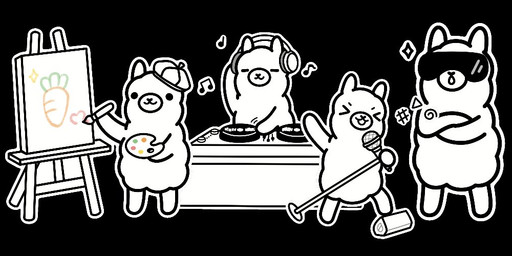 ambiguous_gender anthro brush color_swatch electronics fur group headphones microphone microphone_stand paintbrush painting_(action) singing white_body white_fur unknown_artist ollama ollama_(charactor) alpaca camelid mammal 3:1