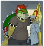 anthro border clothed clothing duo gift male male/male white_border moche mario_bros nintendo utau bowser dodger_akame_(character) canid canine canis koopa mammal reptile scalie turtle wolf hi_res