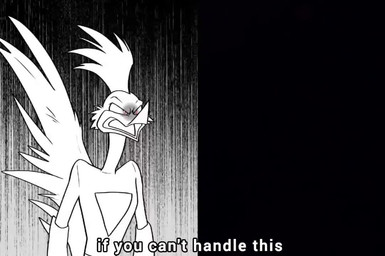 angry annoyed anthro beak blush blush_lines bodily_fluids bodysuit clothing crossed_arms exclamation_point eye_contact eyes_closed face_to_face fangs feather_hair feathers finger_on_chest flustered front_view fur gesture gloves green_eyes group hair hand_gesture hand_on_arm hand_on_face hand_on_own_arm hand_on_own_face hand_on_shoulder handwear in_denial looking_at_another looking_away love male male/male motion_lines pointing pointing_at_another pseudo_hair question_mark raised_finger sharp_teeth side_view skinsuit space spacecraft star surprised sweat tail tail_feathers teeth text tight_clothing trio vehicle yelling yellow_eyes epilepsy_warning fernypaw loonatics_unleashed looney_tunes stranger_things warner_brothers danger_duck rev_runner tech_e._coyote anatid anseriform avian bird canid canine canis coyote cuculiform duck mammal new_world_ground_cuckoo roadrunner 2025 2d_animation animated digital_media_(artwork) english_text long_playtime monochrome sound spanish_audio webm