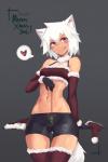 >w< armwear blush bottomwear bow_(decoration) bow_(feature) breasts clothed clothing elbow_gloves female fur gloves grey_background hair handwear hat headgear headwear heart_reaction heart_symbol holding_object holidays inner_ear_fluff inviting kissing_bough legwear long_tail looking_at_viewer mistletoe mistletoe_bow navel plant purple_eyes seductive short_hair shorts simple_background skimpy solo speech_bubble standing string_bow tail text thigh_highs tied_string tongue tongue_out tuft white_body white_fur white_hair deel christmas animal_humanoid canid canid_humanoid canine canine_humanoid humanoid mammal mammal_humanoid wolf_humanoid 2016 absurd_res english_text hi_res pictographics