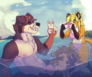 anthro bangs beach bikini black_markings black_nose black_sclera blonde_hair blue_eyes blue_sky bodily_fluids bottomwear bottomwear_down brown_body brown_fur brown_hair cellphone cheek_tuft clothed clothing cloud cum day detailed_background ear_piercing ear_ring ejaculation electronics erection eye_through_hair eyebrow_through_hair eyebrows eyes_closed facial_tuft fangs female floppy_ears folded_ears fully_submerged fur genital_fluids genitals gesture group hair hair_over_eyes hand_gesture holding_cellphone holding_object holding_phone holding_smartphone humanoid_hands knot male male/male markings muscular muscular_anthro muscular_male nipple_piercing nipples nude orange_body orange_fur outside partially_submerged pawpads pecs penis phone piercing pink_bikini pink_clothing pink_nipples pink_pawpads pink_penis pink_swimwear ponytail red_eyes ring_piercing sabertooth_(anatomy) sand seaside sex sharp_teeth sky smartphone smile snout sweat sweatdrop swimwear tail taking_picture teeth translucent translucent_hair trio tuft two-piece_swimsuit v_sign water white_body white_fur white_inner_ear spiceystardog pj_(pjdasandwich) roxy_(fluffyaussie) virgil_(youraveragefurryartist) canid canine canis domestic_dog felid feline mammal prehistoric_species saber-toothed_tiger 2023 digital_drawing_(artwork) digital_media_(artwork) shaded signature soft_shading