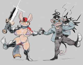 anthro armor big_breasts bikini_armor bottomwear breasts clothed clothing duo female flexing footwear hand_holding holding_melee_weapon holding_object holding_sword holding_weapon jacket magic male male/female mask melee_weapon mohawk muscular pants shoes skimpy smile sneakers sword topwear unconvincing_armor weapon jdoe_p arma's_quest arma_(arma's_quest) fan_character armadillo haplorhine mammal monkey primate xenarthran hi_res