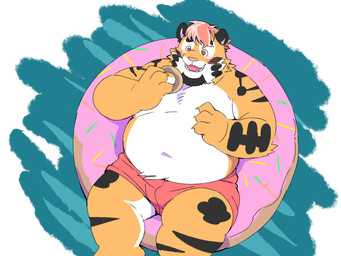 anthro belly blush humanoid_hands kemono lying male navel overweight overweight_male pink_nose solo inunoshippo vtuber felid mammal pantherine tiger 2025 4:3 hi_res