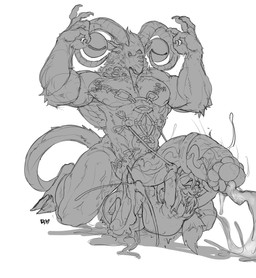 abdominal_bulge animal_genitalia animal_penis balls big_balls big_penis bodily_fluids cum cum_inflation cum_inside duo equine_genitalia equine_penis excessive_cum excessive_genital_fluids femboy fucked_silly genital_fluids genitals hair horn huge_penis hyper hyper_genitalia hyper_penis inflation male male/male multi_eye muscular muscular_male penis piercing size_difference tail vein veiny_penis ridiy elden_ring elden_ring_nightreign fromsoftware libra_creature_of_night xetrio bovid caprine caprine_demon demon goat mammal mustelid musteline stoat true_musteline weasel absurd_res hi_res monochrome sketch