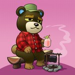 3_toes anthro barefoot biped black_nose brown_body brown_fur chibi clothing feet fur hat headgear headwear male plantigrade shirt sitting slightly_chubby solo toes topwear angusburgers animal_crossing nintendo grizzly_(animal_crossing) bear mammal 1:1 2020 hi_res