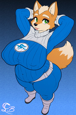 anthro belly belt big_breasts bodysuit breasts clothing cosplay crossgender female green_eyes hands_behind_head looking_at_viewer mtf_crossgender nipple_outline pregnant pregnant_female skinsuit solo thick_thighs tight_clothing choccy_boo fantastic_four nintendo star_fox fox_mccloud susan_storm_(marvel) canid canine fox mammal 2025 2:3 hi_res
