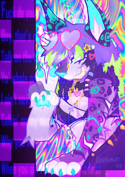 anthro braided_hair breasts cleavage clothed clothing eyewear female fur glasses hair heart_glasses lyrics markings purple_body purple_fur solo sparklefur teal_body teal_markings teal_skin starrmutt femtanyl issbrokie jayden_(starrmutt) felid feline hybrid leopard lion mammal pantherine serval 2025 absurd_res digital_media_(artwork) hi_res