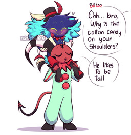 anthro blue_body blue_feathers blush blush_lines carrying_another clothed clothing clown_costume dialogue duo eyes_closed feather_hair feathers green_onesie hat headgear headwear heart_symbol horn horn_grab leg_grab male offscreen_character on_shoulders onesie pseudo_hair red_body red_skin simple_background sitting_on_shoulders small_hands smile spade_tail striped_horn stripes tail tail_feathers text white_background norithelord hellaverse helluva_boss asmodeus_(helluva_boss) fizzarolli_(helluva_boss) avian avian_demon demon humanoid imp 2022 artist_name english_text hi_res watermark