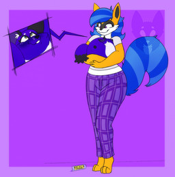 ambiguous_feral ambiguous_gender anthro barefoot biped blue_blush blue_body blue_fur blue_hair blue_tail blueberry_inflation blush bottomwear close-up clothing duo feet female female_anthro feral fur hair immobile inflation larger_anthro larger_female micro orange_body orange_fur pants purple_bottomwear purple_clothing purple_pants quadruped shirt size_difference smaller_ambiguous smaller_feral spherical_inflation striped_body striped_fur striped_hair stripes tail topwear vial white_clothing white_shirt white_topwear strawberrymilkdog nintendo pokemon glowie_(doughieglowie) canid canine generation_8_pokemon mammal nickit pokemon_(species) procyonid raccoon hi_res
