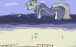 anthro beach female fluffy fluffy_tail hair looking_at_viewer macro partially_submerged side_view solo tail wetsuit inxt canid canine mammal