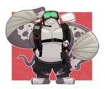 anthro backpack belly bottomwear clothing electronics eyewear flat_body gesture goggles grey_body headgear headphones headset male musclegut muscular pants pecs salute smile solo denilsexo nintendo splatoon big_man_(splatoon) fish manta_ray marine ray_(fish) stingray hi_res