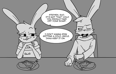 anthro bite bite_mark biting_lip blush carrot chicken_meat covering duo eye_contact female food freckles implied_incest looking_at_another male mashed_potatoes meat offscreen_character owo plant scarf speech_bubble text vegetable agidyne rose_(agidyne) stephen_(agidyne) lagomorph mammal english_text hi_res monochrome cousins_(lore)