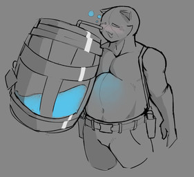 anthro belt blush blush_lines clothed clothing container drinking holding_container holding_object holster holstered_pistol male male_anthro navel overweight overweight_anthro overweight_male solo thick_neck topless topless_anthro topless_male porkjoshi epic_games fortnite meowscles felid feline mammal