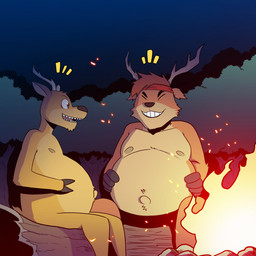 anthro antlers belly bent_legs big_belly biped black_eyebrows black_nose bloated brown_body brown_eyes brown_fur brown_hair brown_hooves campfire cheek_tuft chin_tuft clenched_teeth clothing collarbone duo electronics embers eyebrows eyes_closed facial_tuft fingers fire forest forest_background fur hair hand_on_belly hands_on_own_belly headgear headgear_only headkerchief headkerchief_only headphones headwear headwear_only holding_belly holding_own_belly hooved_fingers hooves horn huge_belly kerchief kerchief_only lines_drawn log male moobs mostly_nude multicolored_body multicolored_fur navel night nipples nude nude_anthro nude_male open_mouth open_smile outdoor_nudity outie_navel overweight overweight_anthro overweight_male pecs plant red_headkerchief red_kerchief scut_tail short_tail sitting sitting_on_log smile smiling_at_another tail tan_body tan_fur tan_nipples teeth toothy_grin tree tuft two_tone_body two_tone_fur weight_gain white_sclera wood yellow_body yellow_fur t0l0k deer_avenger open_season bambo elliot_(open_season) deer mammal 1:1 2023 colored crossover digital_drawing_(artwork) digital_media_(artwork) hi_res shaded