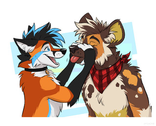 anthro black_collar black_hair black_nose blonde_hair blue_eyes blue_hair blue_markings brown_body brown_fur brown_hair collar collar_only collar_tag duo eyes_closed fangs fur hair happy holding_snout inner_ear_fluff kerchief long_snout looking_at_another male male/male markings multicolored_body multicolored_fur multicolored_hair neckerchief neckwear nude open_mouth open_smile orange_body orange_fur red_kerchief red_neckerchief red_tongue short_hair simple_background smile snout teeth tongue tongue_out tuft two_tone_hair white_body white_fur galeb african_wild_dog canid canine fox mammal colored digital_drawing_(artwork) digital_media_(artwork) half-length_portrait portrait shaded simple_shading