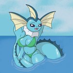 anthro anthrofied bikini blue_tail breasts clothing female fin long_tail pokemorph sea solo swimwear tail thick_thighs two-piece_swimsuit water poraka7 nintendo pokemon eeveelution generation_1_pokemon pokemon_(species) vaporeon 1:1