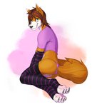 4_toes anthro blue_eyes brown_hair claws clothed clothing feet femboy hair legwear male pink_clothing pink_topwear pink_underwear smile solo stockings thigh_highs thong toe_claws toes topwear underwear reddyrennard luvini canid canine fox mammal hi_res