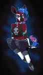 anthro antlers belly belt biped bottomwear clothed clothing collar female hair horn multicolored_hair multicolored_tail navel ossicone solo spiked_collar spikes tail tail_tuft topwear tuft phlegraofmystery giraffid mammal okapi digital_media_(artwork) hi_res pixel_(artwork)