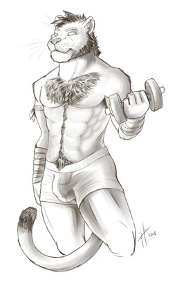 abs anthro athletic athletic_anthro athletic_male beard belly_hair biped body_hair bottomwear bulge chest_hair clothed clothing detailed_bulge dipstick_tail empty_eyes exercise facial_hair front_view hair male male_anthro markings mouth_closed pecs pubes short_hair simple_background solo standing tail tail_markings topless weightlifting whiskers workout hufnaar felid mammal 2016 absurd_res dated hi_res monochrome portrait signature three-quarter_portrait