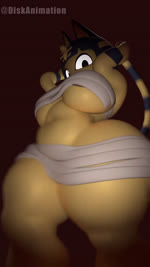 anthro bandage bandage_only big_breasts blue_hair breasts clothing dancing female hair looking_at_viewer looking_down looking_down_at_viewer low-angle_view markings mostly_nude music navel short_hair simple_background solo stripes tail tail_markings thick_thighs under_boob uraeus wide_hips yellow_body diskanimation cyanu_(modeler) animal_crossing nintendo ankha_(animal_crossing) domestic_cat felid feline felis mammal 3d_(artwork) 3d_animation animated digital_media_(artwork) hi_res loop short_playtime sound webm