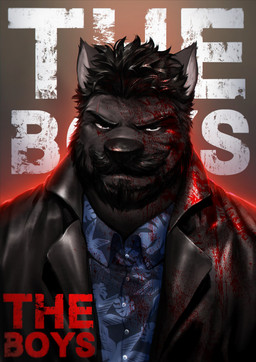 aloha_shirt anthro beard black_body black_clothing black_coat black_fur black_hair black_overcoat black_topwear blood blood_on_clothing blood_on_coat blood_on_face blood_on_topwear blue_clothing blue_shirt blue_topwear bodily_fluids clothing coat collared_shirt dress_shirt eye_scar facial_hair facial_scar fur hair looking_at_viewer male mustache pattern_clothing pattern_shirt pattern_topwear scar shirt solo text topwear nviek5 the_boys_(series) billy_butcher canid canine canis mammal wolf 2022 absurd_res english_text hi_res