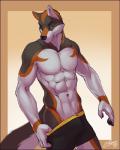 5_fingers abs anthro athletic biceps black_nose boxer_briefs boxer_briefs_only boxers_(clothing) bulge clothed clothing clothing_pull fingerpads fingers grey_body grey_skin male multicolored_body multicolored_skin muscular muscular_anthro muscular_male orange_body orange_skin pawpads pose pubes simple_background solo standing teasing topless underwear underwear_only underwear_pull undressing v-cut white_body white_skin yellow_eyes feralise vincent_(foxmcc) canid canine canis mammal wolf 2017