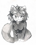 anthro biped clothed clothing drawing female fur looking_at_viewer smile solo standing wunderknodel lin ailurid mammal red_panda 2016 greyscale monochrome shaded traditional_media_(artwork)