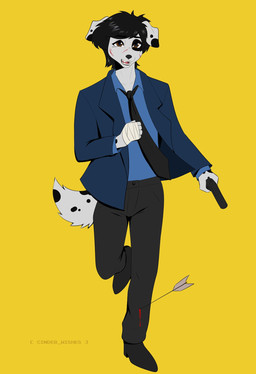 accessory anthro arrow_(weapon) bandage black_hair blood blue_clothing blue_suit bodily_fluids clothing gun hair handgun male markings necktie pistol ranged_weapon running scratches spots spotted_body suit weapon cinderwishes jim_kruger canid canine canis dalmatian domestic_dog mammal hi_res