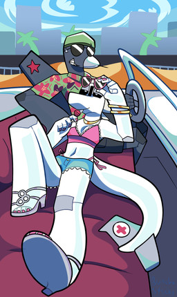 aircraft aloha_shirt anthro beret black_body black_sclera bottomwear car clothed clothing crop_top driving driving_car duo eyewear female female/female footwear hat headgear headwear high_heels hotpants inside_car inside_vehicle licking_lollipop machine pattern_clothing pattern_shirt pattern_topwear sandals shirt shoes shorts summer sunglasses taped_glasses topwear vehicle white_body bunchasticks bombardier learjet_35 su-47 sukhoi mayday_(bunchasticks) vlada_(bunchasticks) aeromorph living_aircraft living_machine living_vehicle absurd_res hi_res