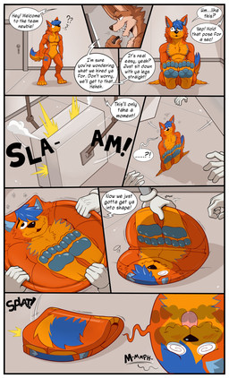 4_toes anthro crush dialogue disk duo feet flattened flattening_fetish folded foot_focus machine male male/male malleable_body pawpads paws recycle reformed soles speech_bubble spiral spiral_eyes squish text toes transformation willing_transformation eccentricchimera squishdingo_(character) canid canine canis dingo mammal absurd_res comic english_text hi_res