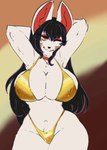 anthro big_breasts big_butt big_ears bikini bikini_bottom bikini_top breasts butt choker clothing eye_contact female fur hands_behind_head huge_breasts jewelry looking_at_another looking_at_viewer necklace one_eye_closed solo swimwear thick_thighs two-piece_swimsuit white_body white_fur wide_hips wink winking_at_viewer tomocreations golden_week bari_(lewdeunni) hi_res