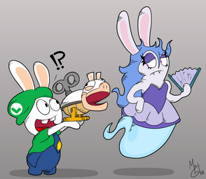 anthro black_eyes blue_body blue_clothing blue_overalls buckteeth carrying_another closed_frown clothed clothed_anthro clothed_female clothed_male clothing dress exclamation_point eye_contact eyelashes fangs female frown fully_clothed fully_clothed_anthro fully_clothed_male fur green_clothing green_hat green_headwear green_shirt green_topwear group hat headgear headwear holding_fan legless long_ears looking_at_another machine male mitten_hands mouth_closed noseless open_mouth open_smile overalls paper_fan pink_inner_ear presenting_another purple_clothing purple_dress purple_eyes question_mark red_tongue shirt short_legs sideways_hat simple_background smile standing straight_arms tan_inner_ear teeth tongue topwear trio white_body white_fur yellow_legs mrgametv1994 mario_bros mario_plus_rabbids_kingdom_battle mario_plus_rabbids_sparks_of_hope nintendo raving_rabbids rayman_(series) ubisoft midnite_(mario_plus_rabbids) rabbid_luigi ghost hybrid koopa lagomorph mammal mechakoopa rabbid robot scalie spirit 2023 absurd_res colored crossover digital_drawing_(artwork) digital_media_(artwork) hi_res shaded signature