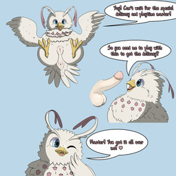 anus asking asking_another balls blue_eyes bodily_fluids cum cum_on_face dialogue disembodied_penis duo feathers female feral genital_fluids genitals heart_after_text heart_symbol humanoid_genitalia humanoid_penis male male/female master penis question questioning_tone simple_background solo_focus speech_bubble talking_to_another talking_to_partner text text_with_heart three_frame_image vulva yes-no_question nikohowlii the_rising_of_the_shield_hero filo_(the_rising_of_the_shield_hero) avian filolial filolial_queen 1:1 english_text hi_res