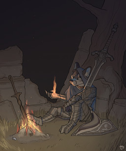 anthro armor bonfire campfire clothed clothing collar cosplay detailed_background elemental_manipulation fire fire_manipulation fully_clothed greatsword hood knight magic magic_user male melee_weapon night outside plant ruins shield sitting solo sword tree warrior weapon thelivingtrashcan dark_souls fromsoftware artorias_the_abysswalker omegaheckingfolf canid canine canis fox hybrid mammal wolf 2021 digital_drawing_(artwork) digital_media_(artwork) hi_res