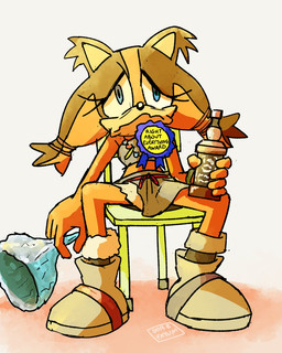 alcohol alcohol_bottle anthro beverage beverage_bottle blue_ribbon bottle brown_body brown_fur chair clothed clothing container female fully_clothed fur furniture orange_body orange_fur sad sitting solo tinfoil_hat dorefatum sega sonic_boom sonic_the_hedgehog_(series) sticks_the_jungle_badger badger mammal mustelid musteline 4:5 hi_res