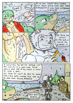 angry anthro armor armored_boots barazoku blush blush_lines bodily_fluids box breath clothed clothing comic_panel container crate cum cum_drip cum_on_body cum_on_chest cum_on_face cum_on_penis defeated defeated_hero dialogue dripping duo ejaculation fur genital_fluids genitals green_body green_eyes humiliation male male/male medieval medieval_armor medieval_fantasy multicolored_body night open_clothing open_shirt open_topwear pecs penis port purple_eyes red_clothing scar seaside seaside_sex shirt shoulder_pads speech_bubble text topwear walking walking_away white_body white_fur wounded dashthefox albino_(seaborn) nikel felid lion lizard mammal pantherine reptile scalie absurd_res comic english_text hi_res