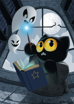 ambiguous_gender anthro big_eyes black_body black_eyes black_fur book bookshelf broken_window cloak clothed clothing cute_fangs detailed_background fangs fisheye_lens full_moon fur furniture glistening glistening_eyes group holding_object holding_wand holidays inside levitation low-angle_view magic magic_user mitten_hands moon night on_model open_mouth shadow smile spellbook standing teeth toony wand window yellow_sclera trunorth google google_doodle halloween magic_cat_academy momo_(google) domestic_cat felid feline felis ghost mammal spirit 2016 digital_media_(artwork) digital_painting_(artwork) painting_(artwork) signature female_(lore)