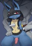 abs anthro balls belt big_dom_small_sub black_body black_fur blue_body blue_fur blush bodily_fluids canid canine dominant duo erection forced fur furukara generation_1_pokemon generation_4_pokemon genitals hands_behind_back hi_res humanoid interspecies knot larger_male lucario machamp male male/male mammal nintendo penis pokemon pokemon_(species) rape red_eyes sex size_difference smaller_male sweat yellow_body yellow_fur