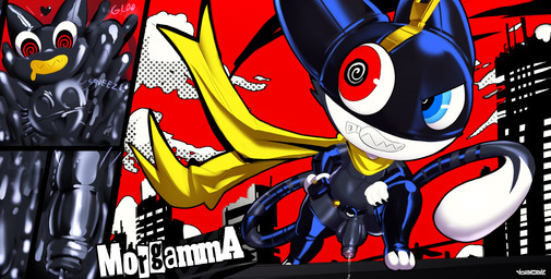 absorption_vore anthro belt black_body blue_eyes bodily_fluids body_outline clothing dripping foreskin fusion fusion_character genital_fluids genitals glistening glistening_genitalia glistening_penis heterochromia humanoid_genitalia humanoid_penis kerchief latex latex_clothing looking_confident male male/male markings mask penis possession precum precum_drip red_eyes shortstack shortstack_male squeezed squeezing tail tail_markings vore white_body ichimoral atlus megami_tensei persona_(series) persona_5 sega beta_morgana_(persona) morgamma_(fusion) morgana_(persona) domestic_cat felid feline felis mammal tuxedo_cat hi_res