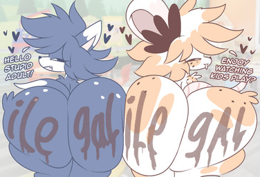 anthro big_butt bodypaint butt butt_bump butt_focus butt_tuft duo facial_tuft female freckled_arms freckled_butt freckled_face freckles fur gradient_background grey_body grey_fur hair head_tuft heart_symbol huge_butt loli looking_at_viewer looking_back male mesugaki multicolored_body multicolored_hair orange_body orange_fur orange_hair osugaki pedophilia_temptation pink_ears rear_view shota simple_background spots tail taunting text thick_thighs tuft white_body white_fur white_hair wobble young young_anthro julylafearata mallie_hazelwood_(julylafearata) merry_noel canid canine canis mammal mouse murid murine rodent wolf english_text hi_res