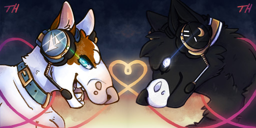anthro black_body black_fur blue_eyes collar duo electronics eye_spots female fluffy fur glowing glowing_eyes headgear headphones heart_symbol male male/female microphone open_mouth simple_background smile sunset teeth tongue white_body white_eyes white_fur thehiggles nevir_(nevir) bull_terrier canid canine canis domestic_dog hunting_dog mammal terrier wolf 2:1 digital_media_(artwork) icon