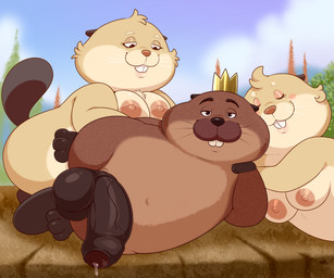 3_toes anthro anthro_on_anthro balls big_balls big_breasts big_penis black_nose blush blush_stickers bodily_fluids breasts brown_balls brown_body brown_fur brown_nose brown_penis buckteeth crown crown_only eyes_closed feet female foreskin fur genital_fluids genitals group half-closed_eyes harem headgear headgear_only hindpaw looking_at_viewer male male/female markings mole_(marking) narrowed_eyes navel nipples paws penis precum smile tan_body tan_fur teeth toes trio vein veiny_penis whiskers lonbluewolf disney hoppers_(disney) pixar king_george_(hoppers) beaver mammal rodent hi_res