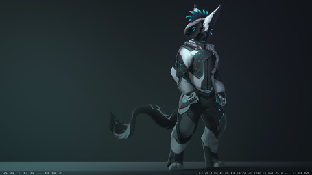 4_toes 5_fingers ambiguous_gender anthro black_body black_fur clock clothed clothing cybernetics digitigrade fantasy feet fingers fur glowing glowing_eyes machine science_fiction solo tail toes hnz mythology cyborg dragon mythological_creature mythological_scalie protogen scalie 16:9 2022 hi_res portrait three-quarter_portrait widescreen